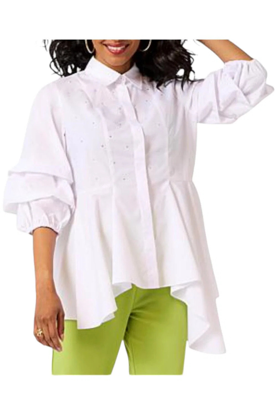 Vivica A. Fox Collection Women's High-Low Blouse w/ Rhinestone White - Regular